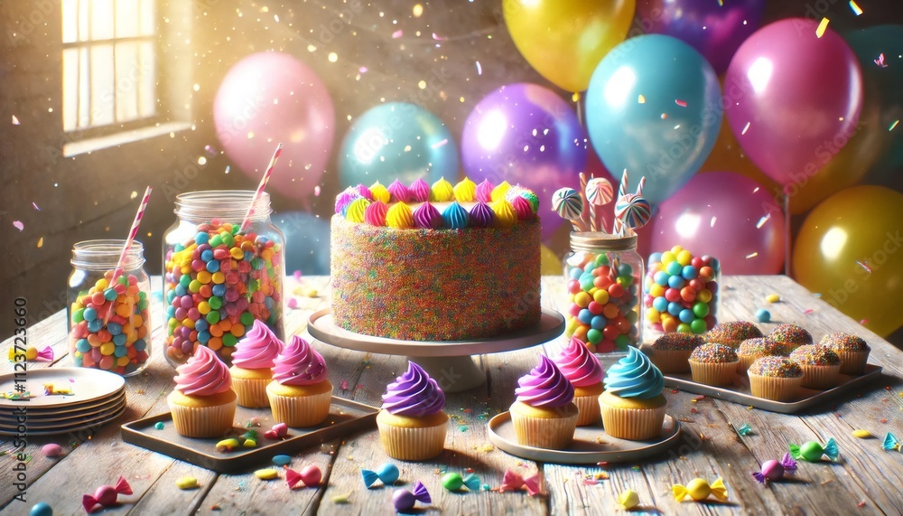 Fototapeta premium Delicious birthday cake and cupcakes celebrating with colorful candies and balloons