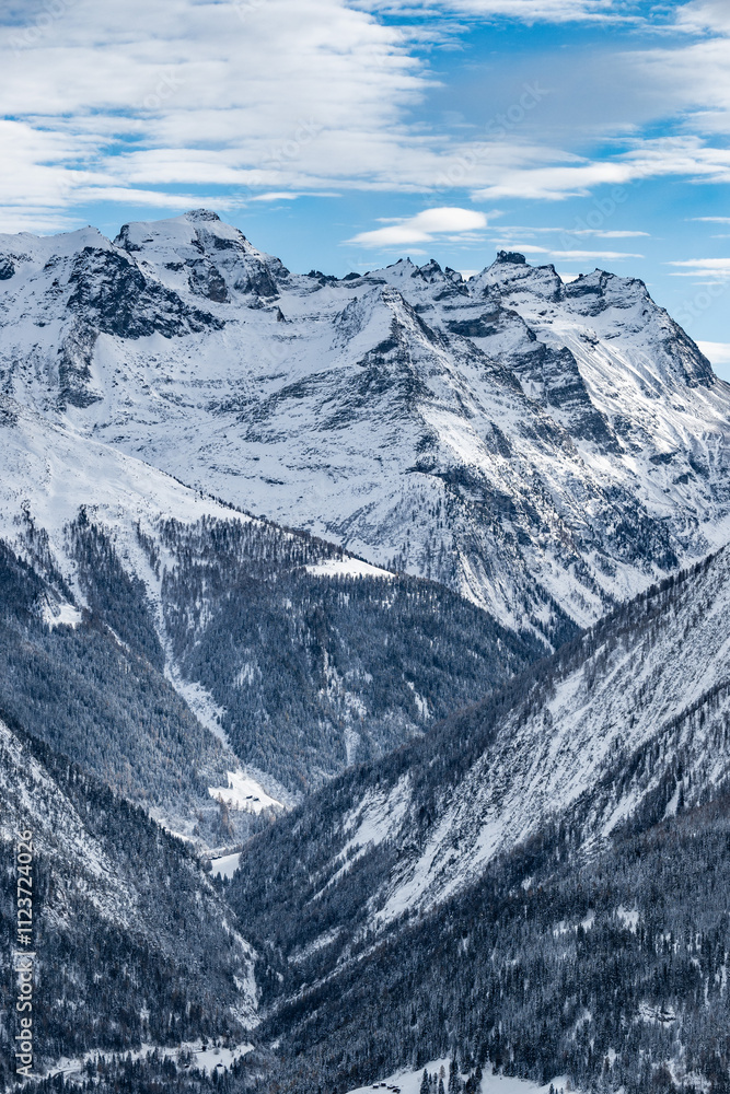 Fototapeta premium Winter snow landscape of a valley in the high alpine mountains of Switzerland