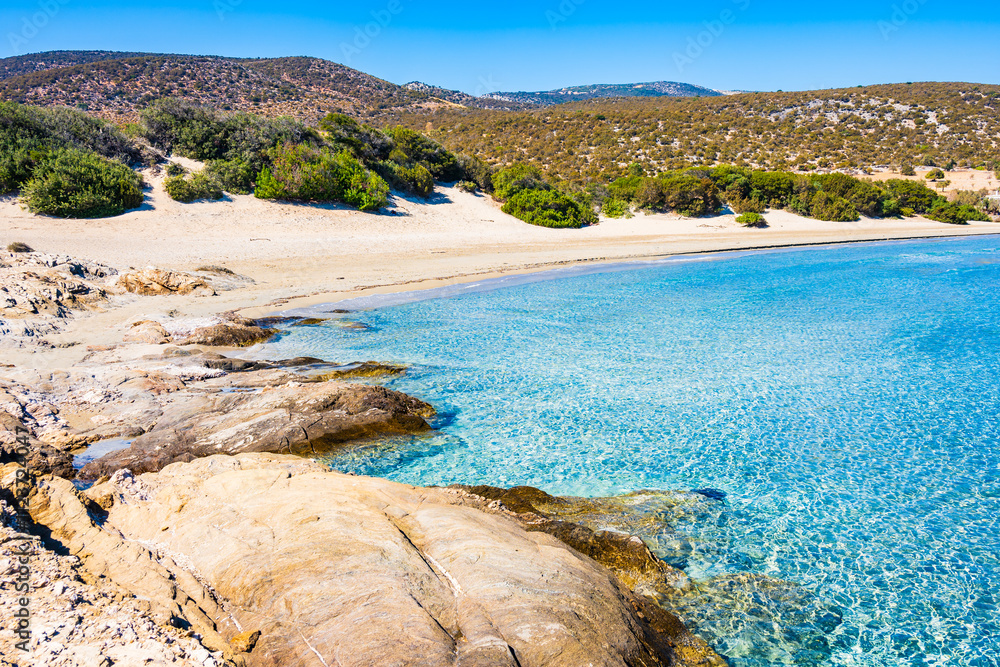 Beautiful sandy beach Psili Ammos with crystal clear azure sea water, Naxos island, Cyclades, Greece