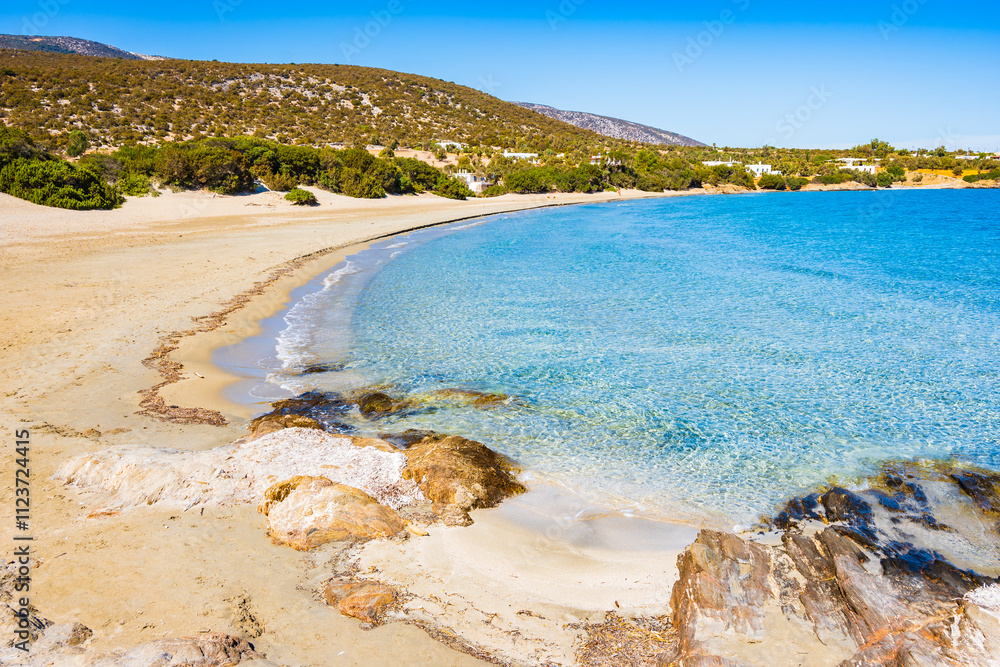Beautiful sandy beach Psili Ammos with crystal clear azure sea water, Naxos island, Cyclades, Greece