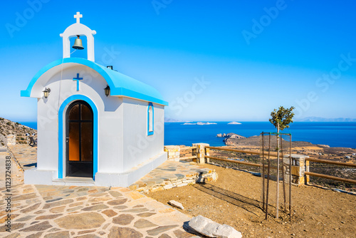 Small chapel in mountain landscape with sea view, Naxos island, Cyclades, Greece