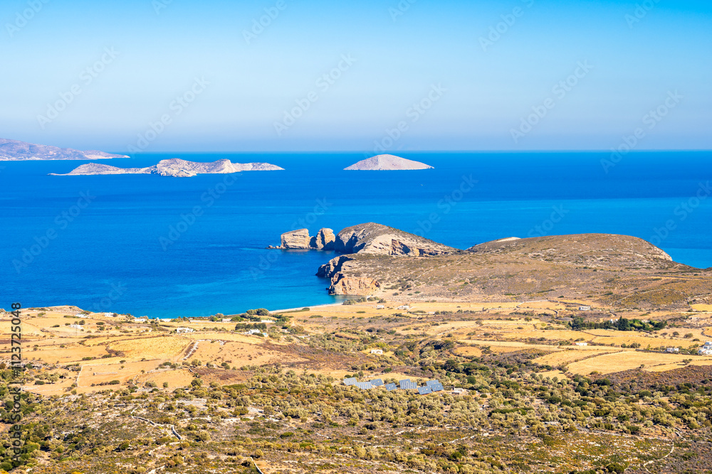 View of blue sea and rocky coast from mountain road, Naxos island, Cyclades, Greece