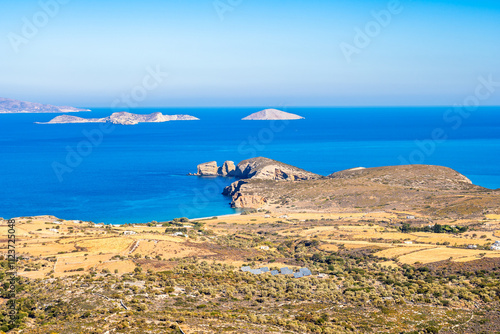 Obraz na płótnie View of blue sea and rocky coast from mountain road, Naxos island, Cyclades, Greece w salonie
