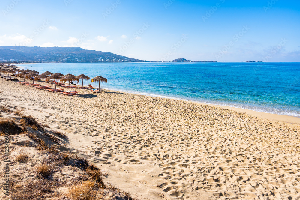 View of sandy Plaka beach and blue sea, Naxos island, Cyclades, Greece