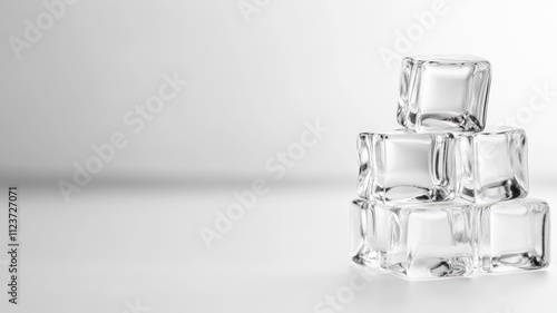 Stack of clear ice cubes arranged in pyramid on white background