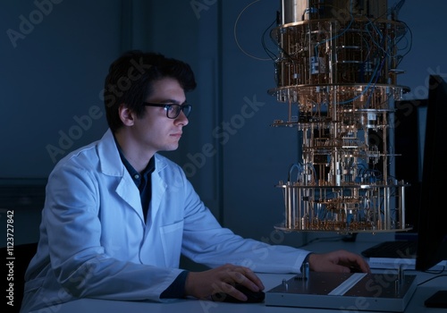 person standing with quantum computer,  Scientist Working on a Quantum Computer in a Laboratory with Advanced Cryogenic Systems and Intricate Wiring photo