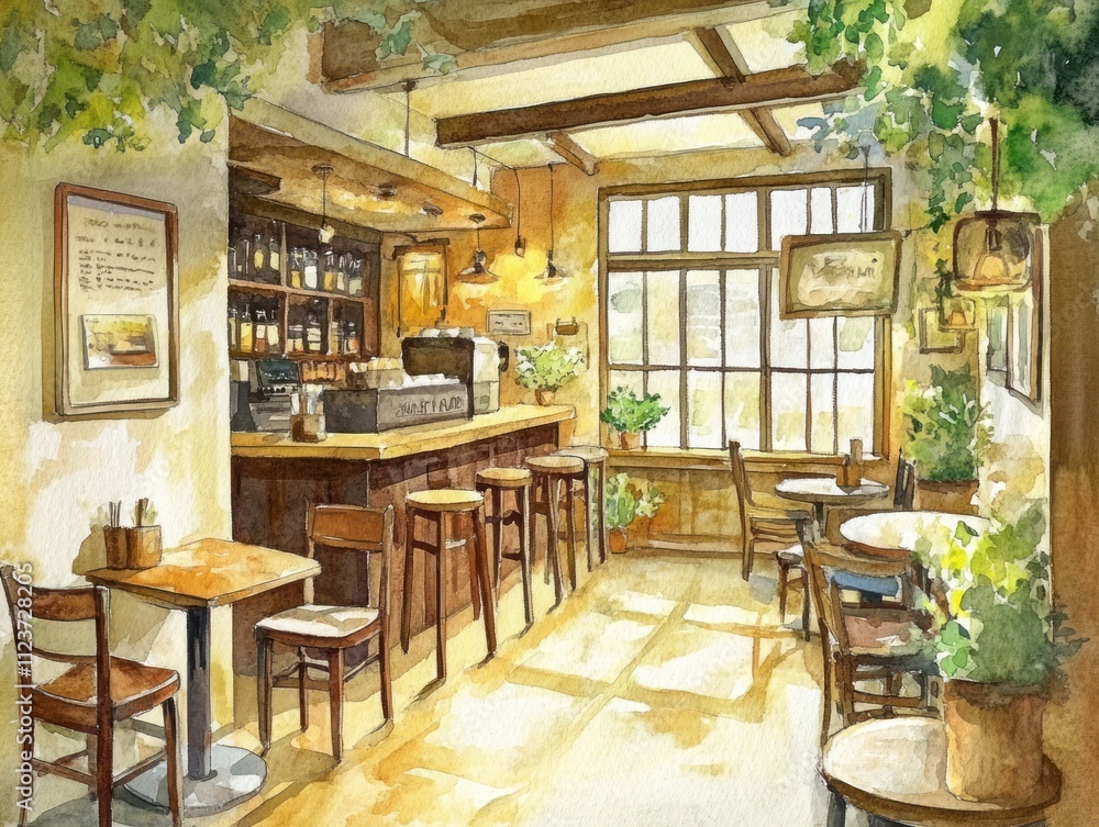 Fototapeta premium Sunlit cafe, wooden tables, chairs, plants.