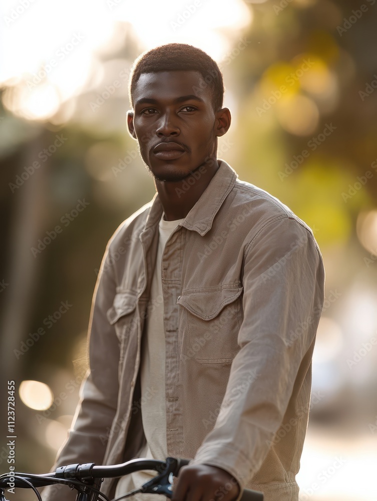 Fototapeta premium Image of young african man early morning with bicycle walking outdoors. Looking aside.