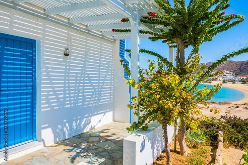 Obraz na płótnie Typical Greek style apartments decorated with tropical plants in Orkos bay, Naxos island, Cyclades, Greece w salonie