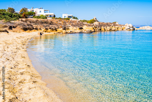 Obraz na płótnie Idyllic sandy beach of Orkos bay and calm crystal clear azure sea water, Naxos island, Cyclades, Greece w salonie
