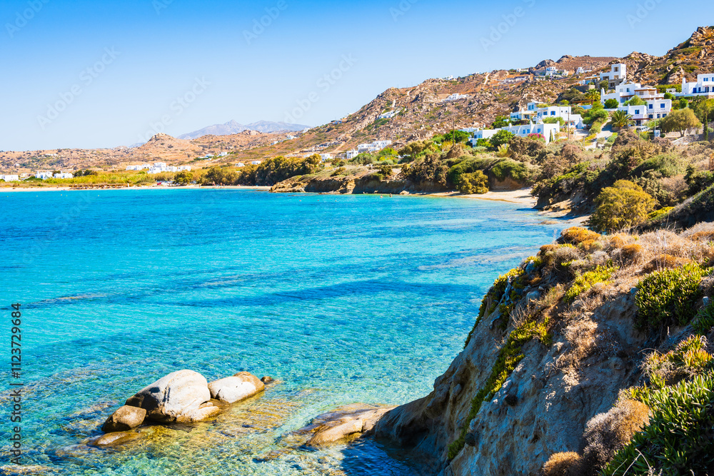Rock cliffs on sea coast near Orkos bay, Naxos island, Cyclades, Greece