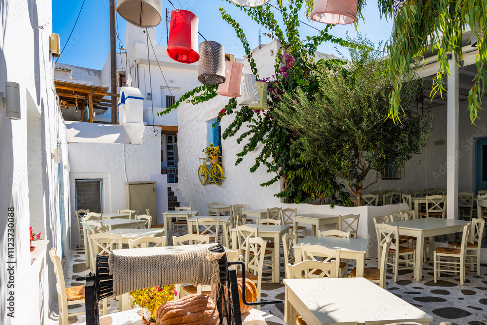 Small square in historic old part of Chora village, Naxos island, Cyclades, Greece