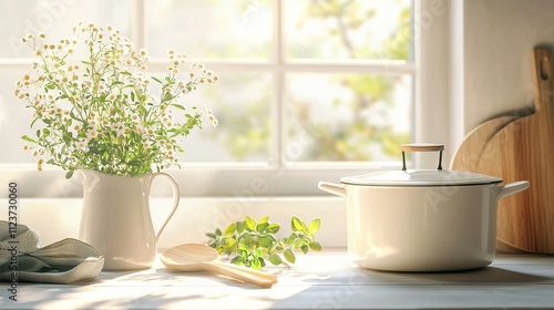 Wallpaper Mural   A vase with baby's breath sits beside a wooden spoon on a windowsill Torontodigital.ca