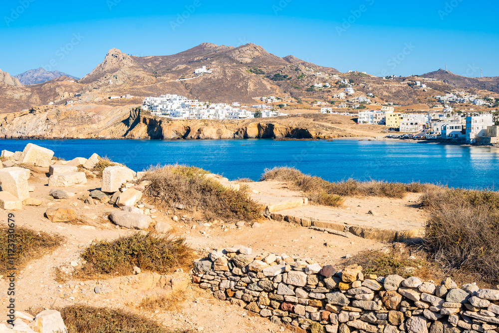 View of sea coast and mountains from Portara hill near Naxos port, Naxos island, Cyclades, Greece