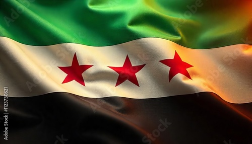 The new Syrian flag. Green, white, black, with three red stars above the white. Green at the top, white in the middle, black at the bottom 