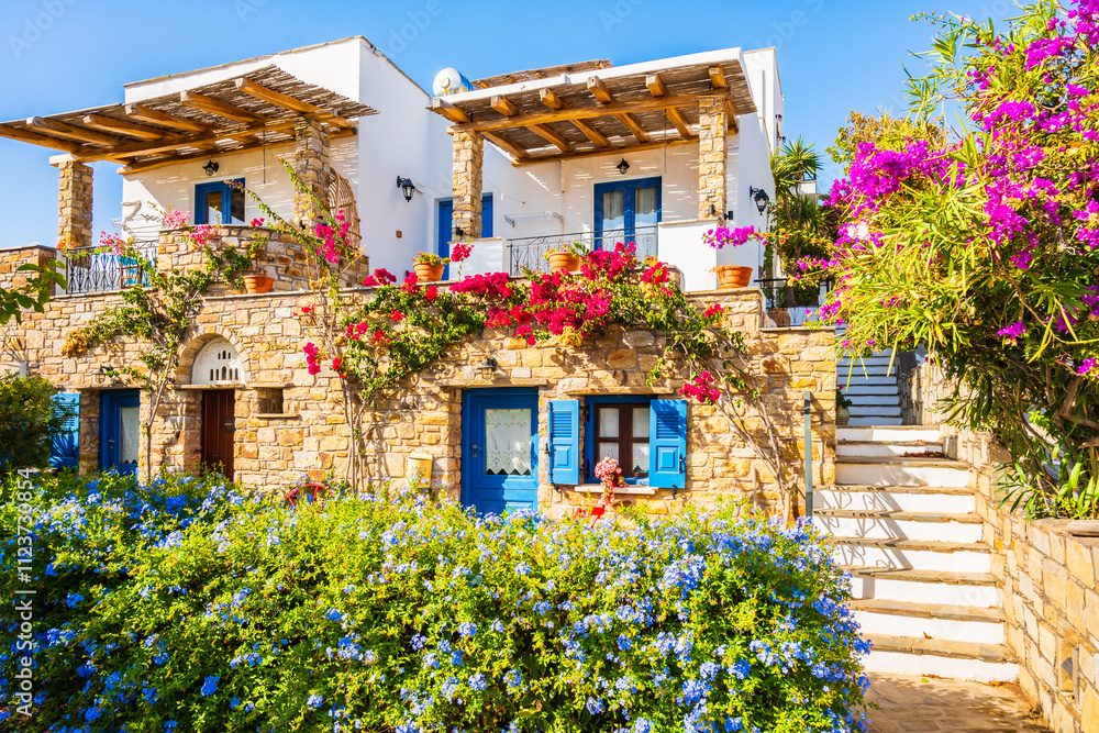 Typical Greek style apartments decorated with colorful flowers in Galini village, Naxos island, Cyclades, Greece