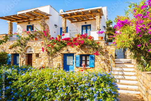 Obraz na płótnie Typical Greek style apartments decorated with colorful flowers in Galini village, Naxos island, Cyclades, Greece w salonie