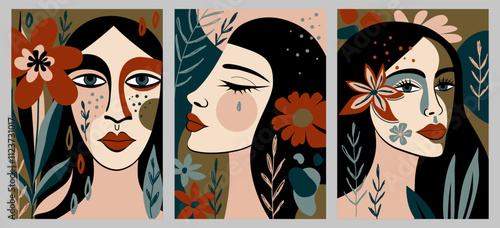 A hand-drawn abstract portrait of a woman. A set of colorful posters. Vector icon of people. For postcards, wall art, posters, covers, packaging, web.