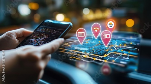 Photo of a person using a GPS navigation app on a smartphone with a pin showing the location. Suitable for technology concepts in travel, food delivery.
