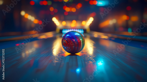 A striking, colorful bowling ball stands alone on a polished lane in a dimly lit alley with vibrant lights enhancing the dynamic scene.