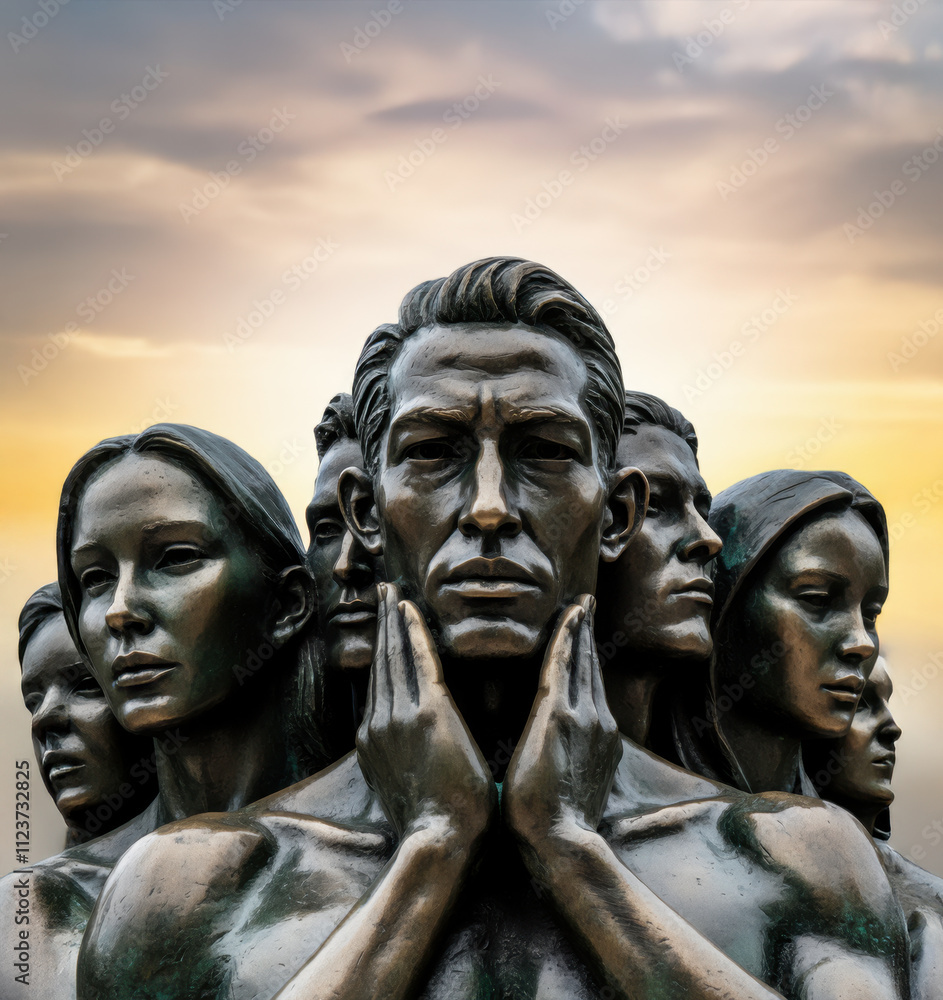 Fototapeta premium Unity standing together, monument bronze statue, headshot of group of people men and woman, hands on the chin, tough rough look, propaganda soviet republics, communist era cold war