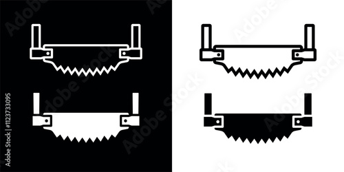 Two-handed saw icon. Carpentry and joinery tools. Hand saw, symbol of construction, sawmill or sawmill. Wood saw. Isolated vector illustration on a white background.