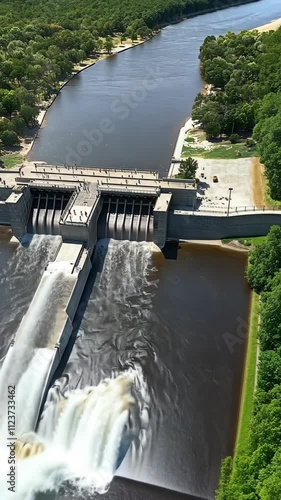 Wallpaper Mural Aerial view of a dam releasing water into a river surrounded by green trees in a sunny setting Torontodigital.ca