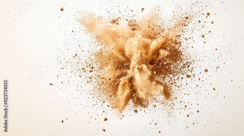 A dynamic explosion of brown powder against a light background, showcasing textures and movement.