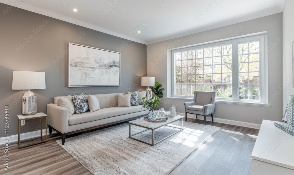 Fototapeta premium A freshly painted interior with a seamless blend of modern color choices. The walls are painted in soothing neutrals, accentuated feature wall in a living room,