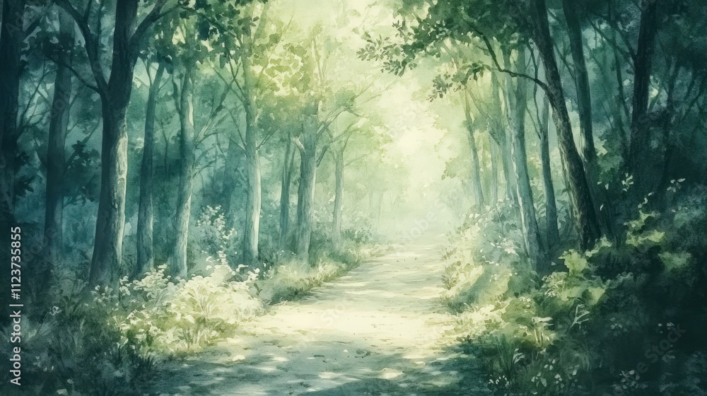 Obraz premium Sunlit path through a verdant, shadowy forest.