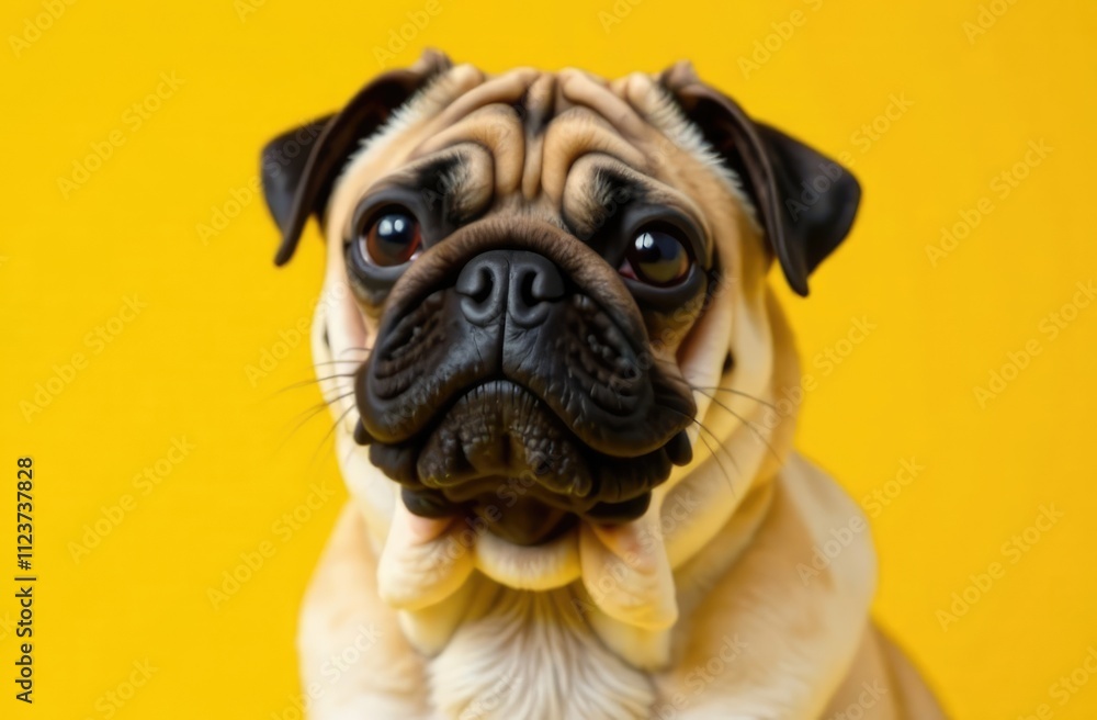 Obraz premium pug dog on yellow background 