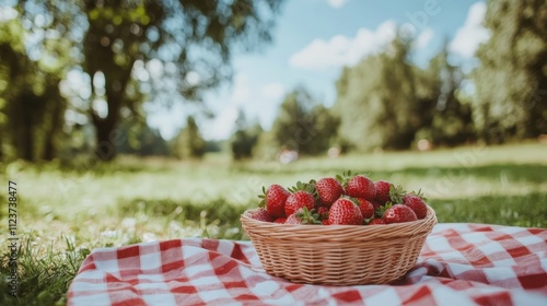 Basket of strawberries on a checkered picnic cloth with a meadow and trees in the background sunny day and vibrant colors