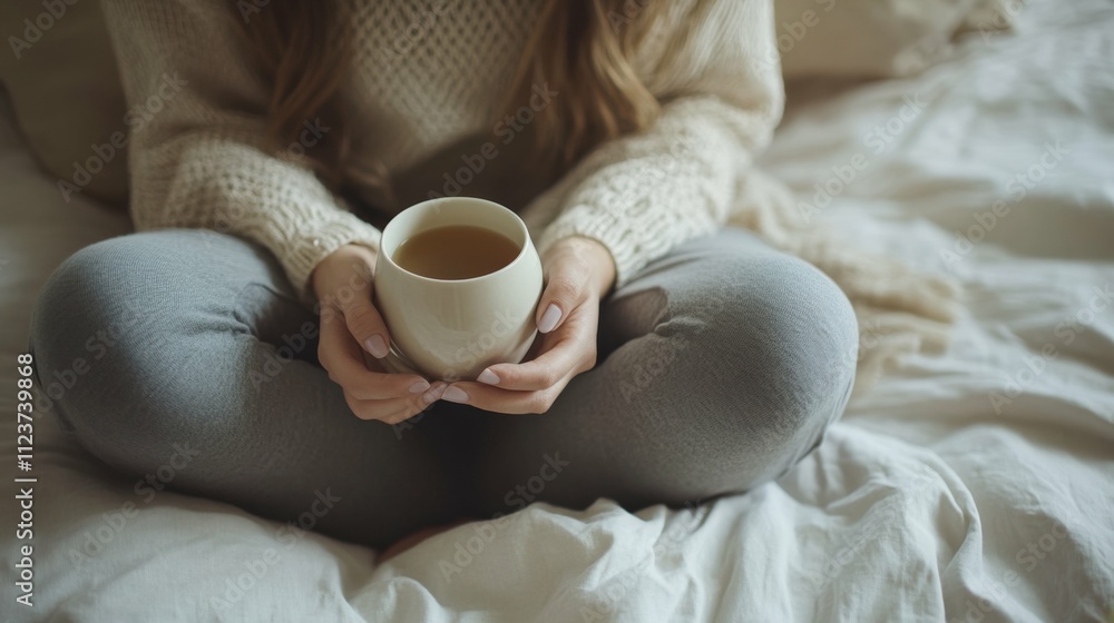 Young woman sitting on a bed with a cup of tea cozy bedroom interior with soft lighting neutral tones relaxing and peaceful atmosphere Young woman sitting on a bed with a cup of tea cozy bedroom interior with soft lighting neutral tones relaxing and peaceful atmosphere