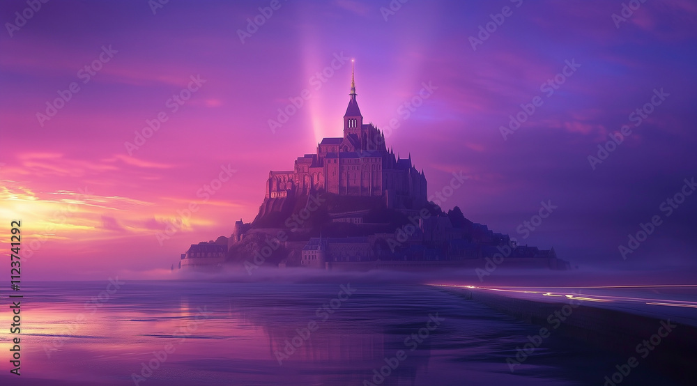Obraz premium Long exposure photography captures the magical atmosphere of French coastal landscapes, National Geographic style. The road leading to Mont Saint-Michel at sunset is bathed in beautiful lighting, with