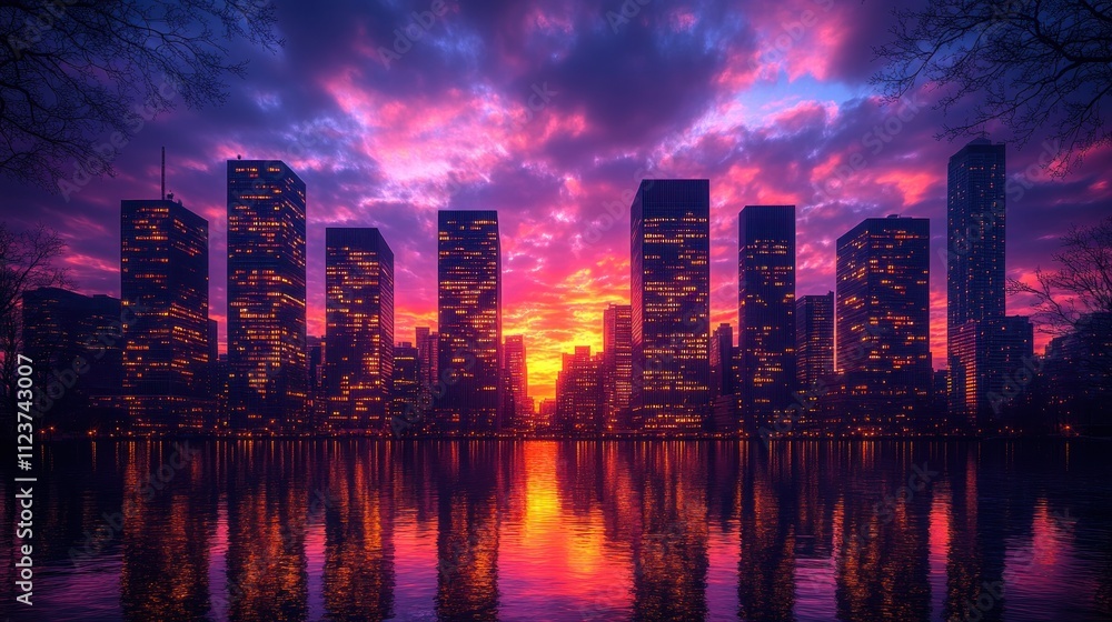 Obraz premium Sunset skyline reflecting on water with vibrant colors.