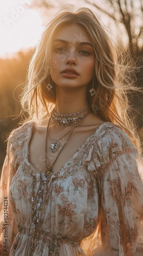 Beautiful Woman in a Floral Dress with Exquisite Jewelry photo