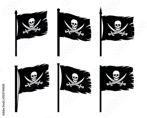 Pirate flag. Skull with sabres. Jolly Roger, black pirate flag with Adam's head (human skull). Symbol of death, poison or sea robbers and plunderers.