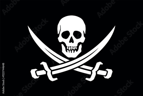 Pirate flag. Skull with sabres. Jolly Roger, black pirate flag with Adam's head (human skull). Symbol of death, poison or sea robbers and plunderers.