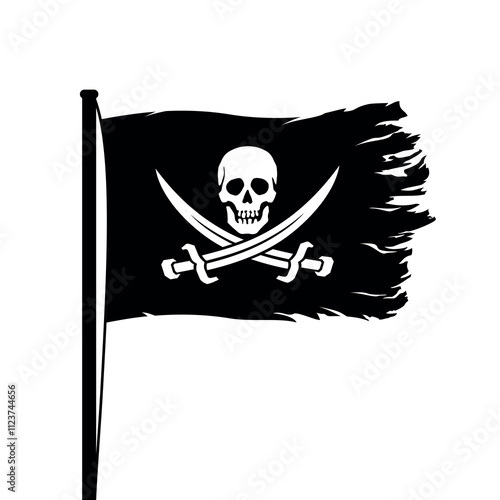 Pirate flag. Skull with sabres. Jolly Roger, black pirate flag with Adam's head (human skull). Symbol of death, poison or sea robbers and plunderers.