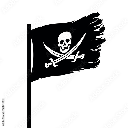 Pirate flag. Skull with sabres. Jolly Roger, black pirate flag with Adam's head (human skull). Symbol of death, poison or sea robbers and plunderers.