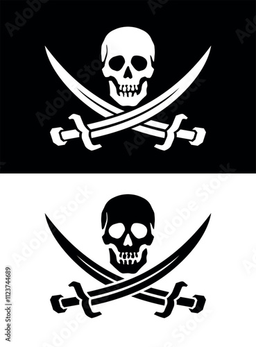 Pirate flag. Skull with sabres. Jolly Roger, black pirate flag with Adam's head (human skull). Symbol of death, poison or sea robbers and plunderers.