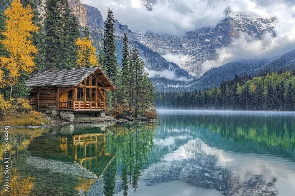 Obraz premium Secluded cabin reflects in tranquil mountain lake.
