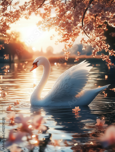 Elegant swan gliding on a tranquil lake surrounded by cherry blossoms at sunset, perfect for wall art, decoration, or serene background design.