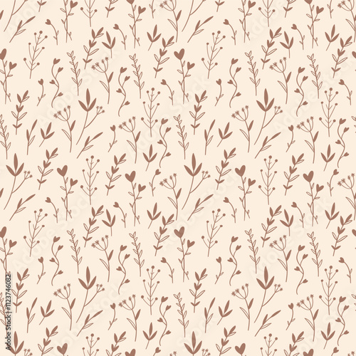Seamless botanical pattern with delicate small flowers, leaves and twigs on beige background. Flat vector illustration