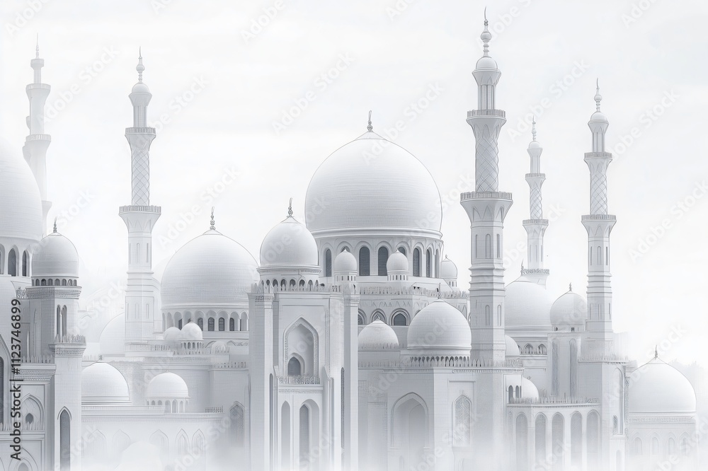 Obraz premium Sheikh grand mosque with its minarets and domes emerging from a thick fog creating a mystical atmosphere