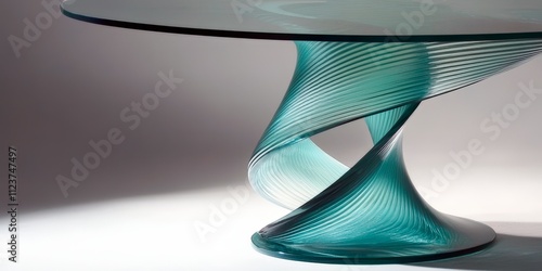 A side view of a sculptural glass table base featuring a dynamic twisted ribbon design in seafoam green glass with precise parallel ridges running throughout its form. Generative AI photo