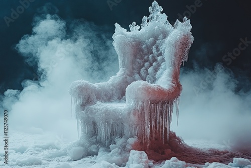 Majestic Frozen Throne Covered in Icicles, Surrounded by Cold Mist and Snow in Mysterious Winter Setting, Fantasy Concept photo