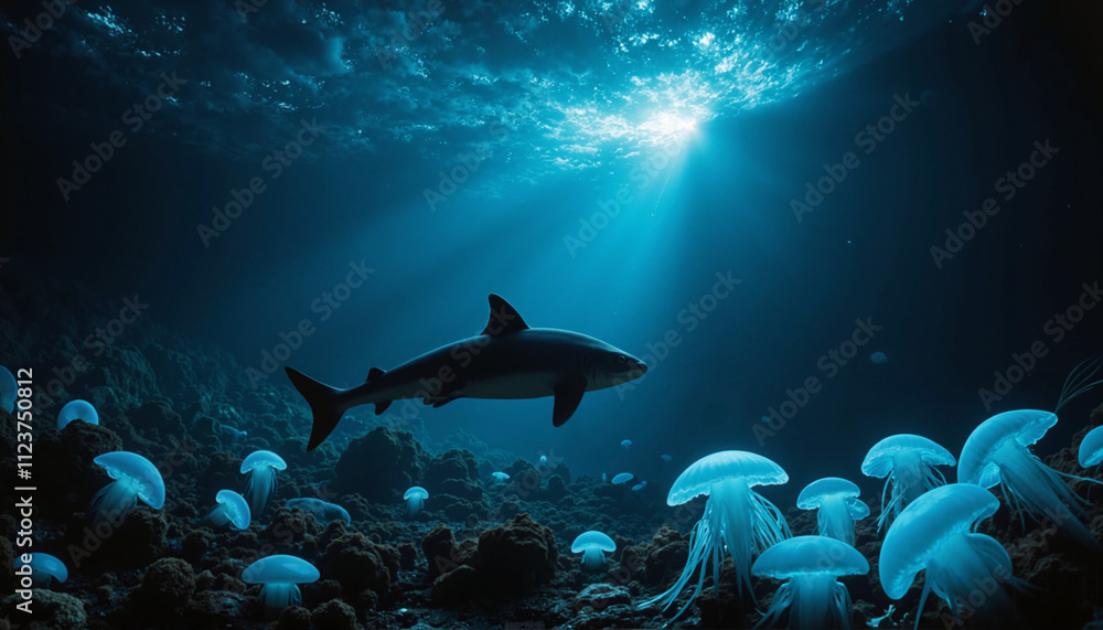Obraz premium Mystical underwater scene of a baby shark swimming among glowing jellyfish in deep ocean waters
