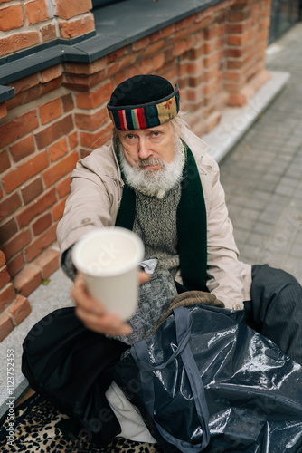 Low-angle view of hungry homeless elderly man in worn clothes sitting on urban street and begging for alms, holding disposable cup. Aged sorrowful tramp male facing with poverty and social issues. photo