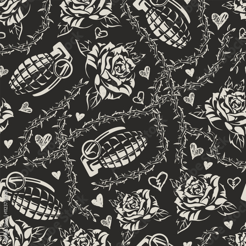 Black floral and grenade pattern design